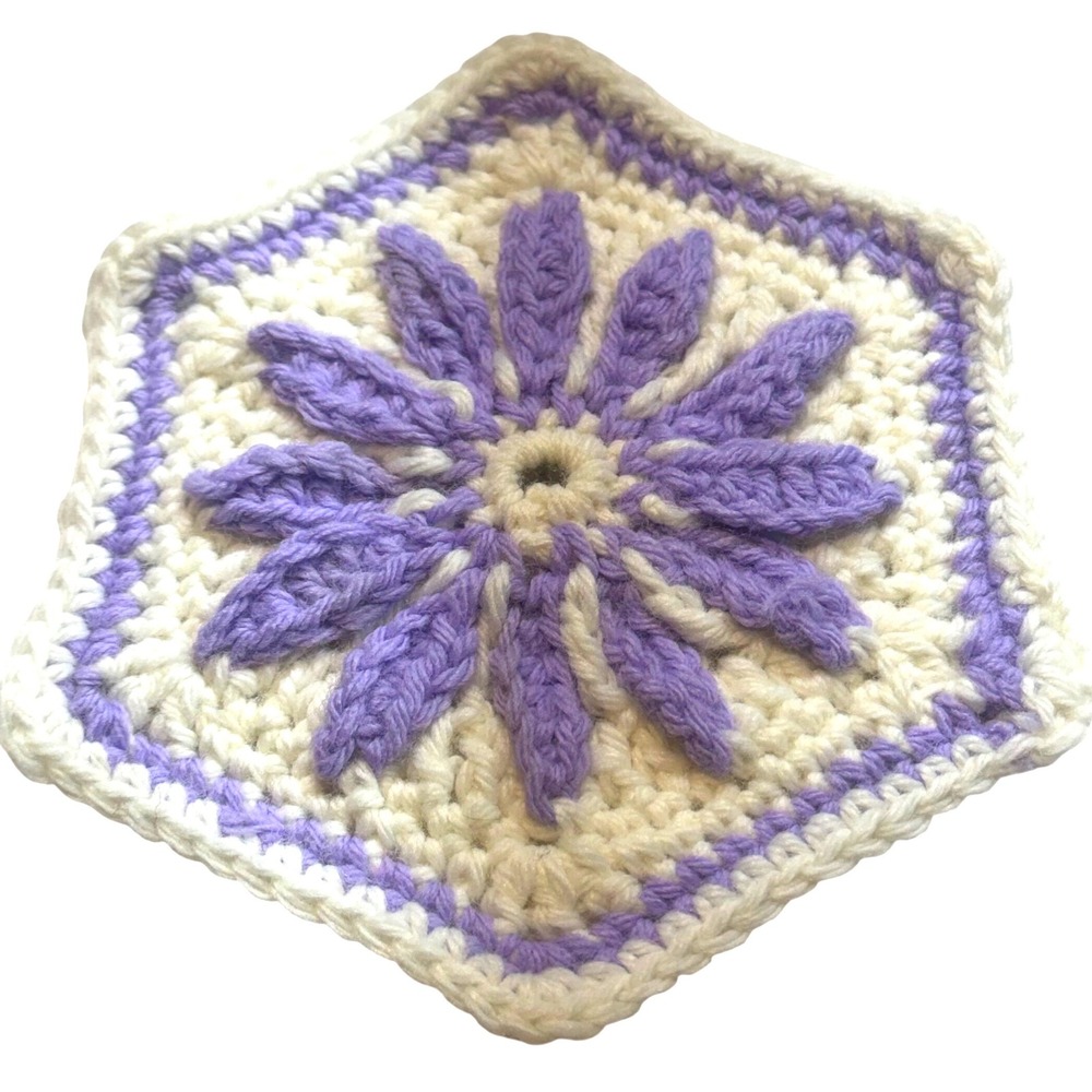 Handmade Crochet Floral Hexagon Motif 7" Boho Purple White